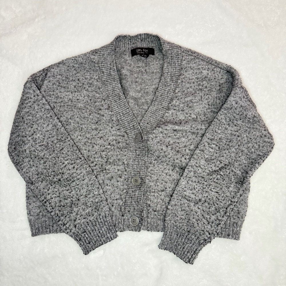 Witty Fox Cozy V-Neck Button Front Gray Women's Cardigan Sweater - Size S